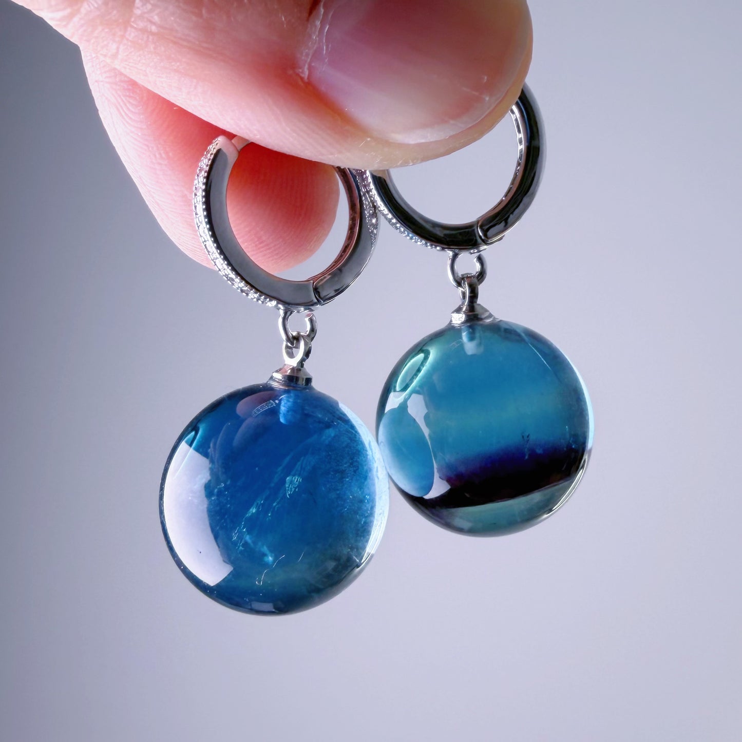Quartzberry - Natural Blue Green Fluorite Crystal Globes Hoop Earrings - One-of-a-kind