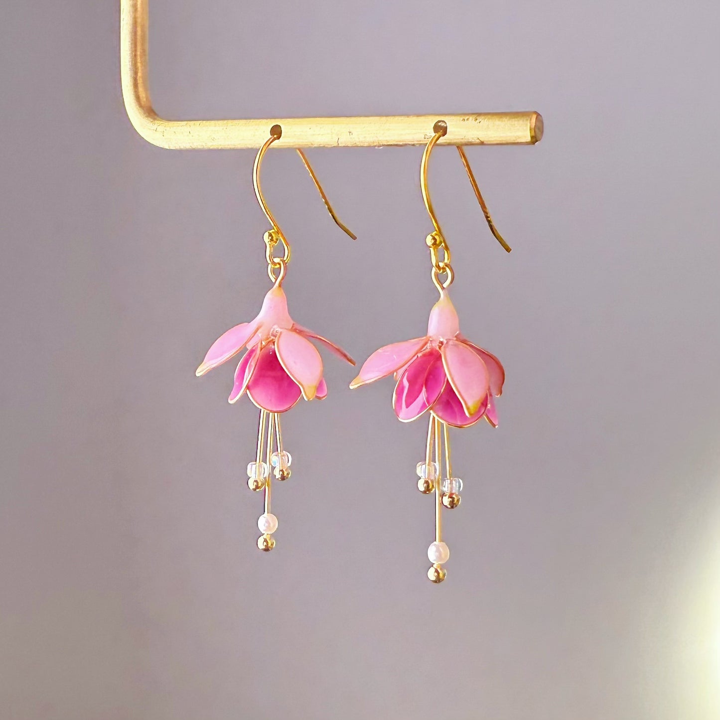 Handmade Pink Fuchsia Garden News Flower Earrings