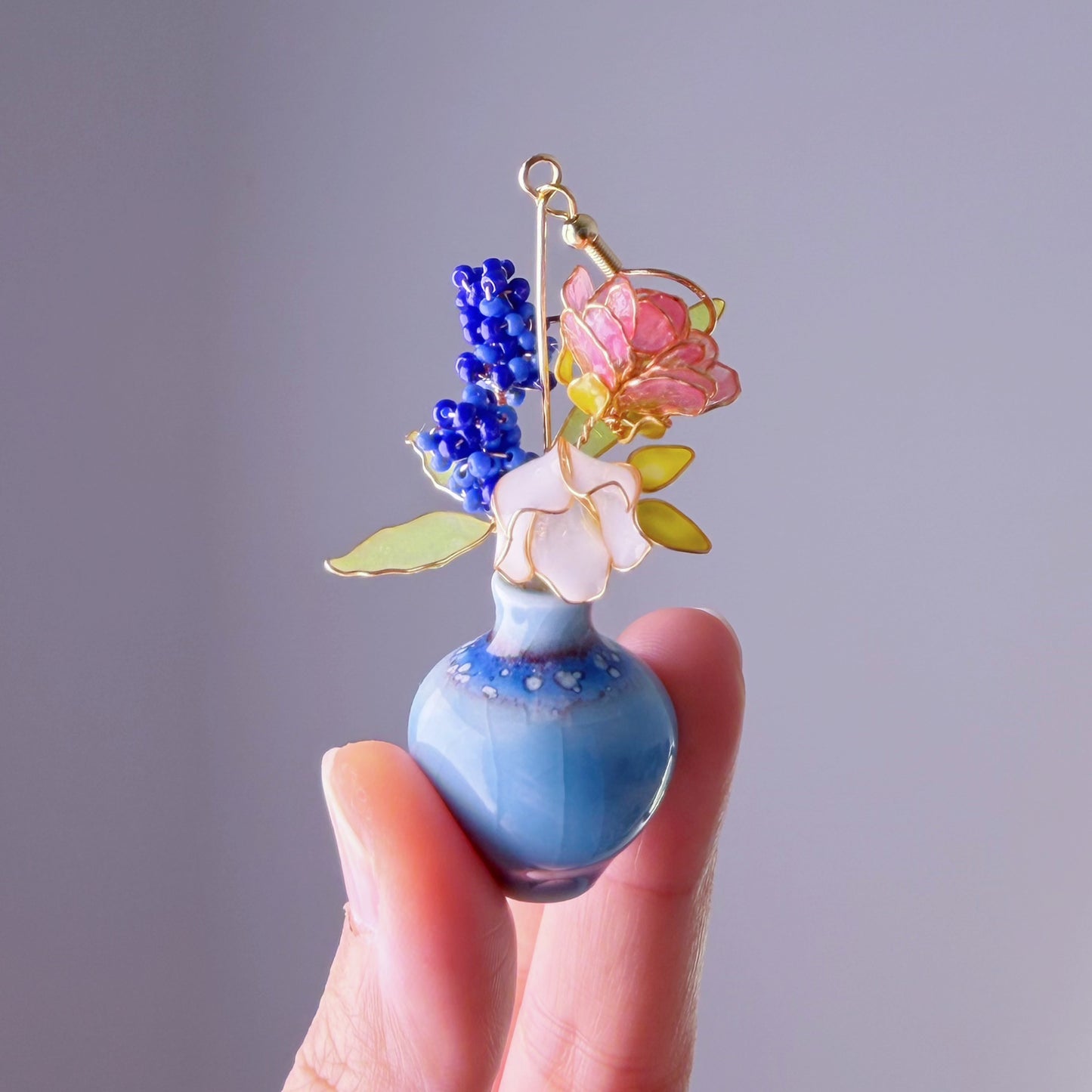 Handmade Pink Roses Grape Hyacinth Lily of the Valley in Ceramic Vase Earrings