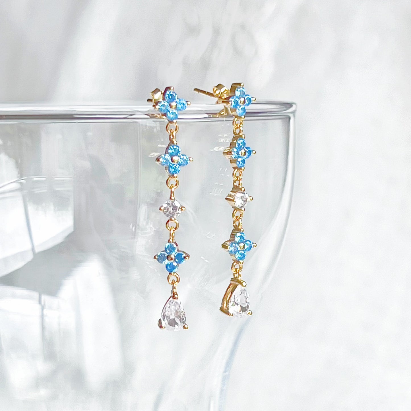 Mini Blue Crystal Flowers Drop Earrings-Ninaouity