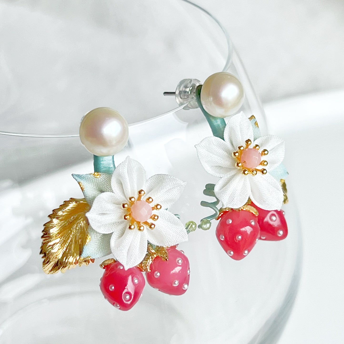 Mini Red Strawberry Gold Leaf with Fabric Flowers Earrings-Ninaouity