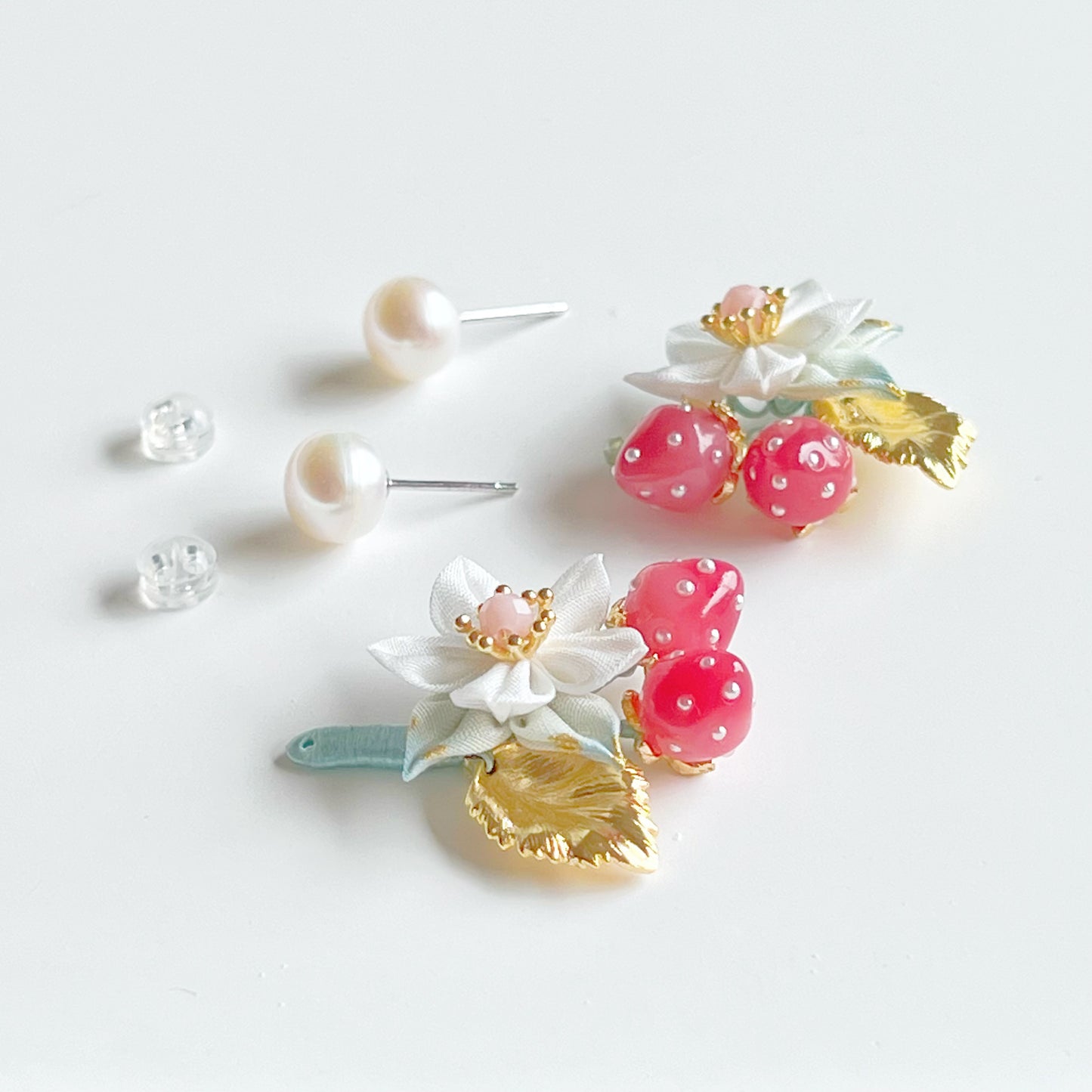 Mini Red Strawberry Gold Leaf with Fabric Flowers Earrings-Ninaouity