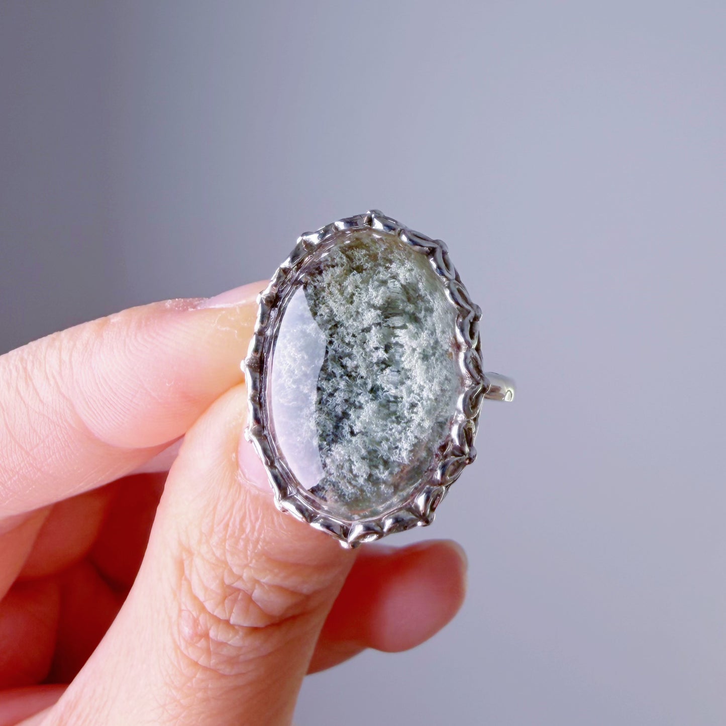 Handmade Natural Large Green Phantom Quartz Crystal Silver Ring