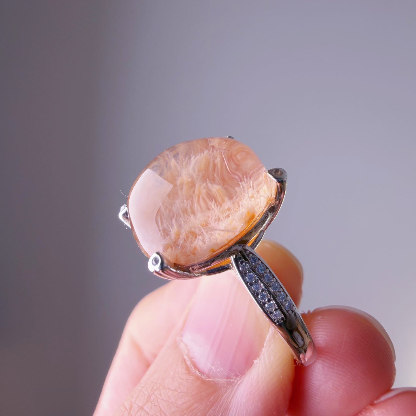 Handmade Natural Peach Phantom Quartz Lodolite Crystal Silver Ring