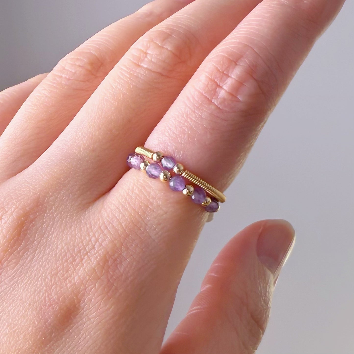 Handmade Amethyst February Birthstone Mini Beaded Adjustable Ring