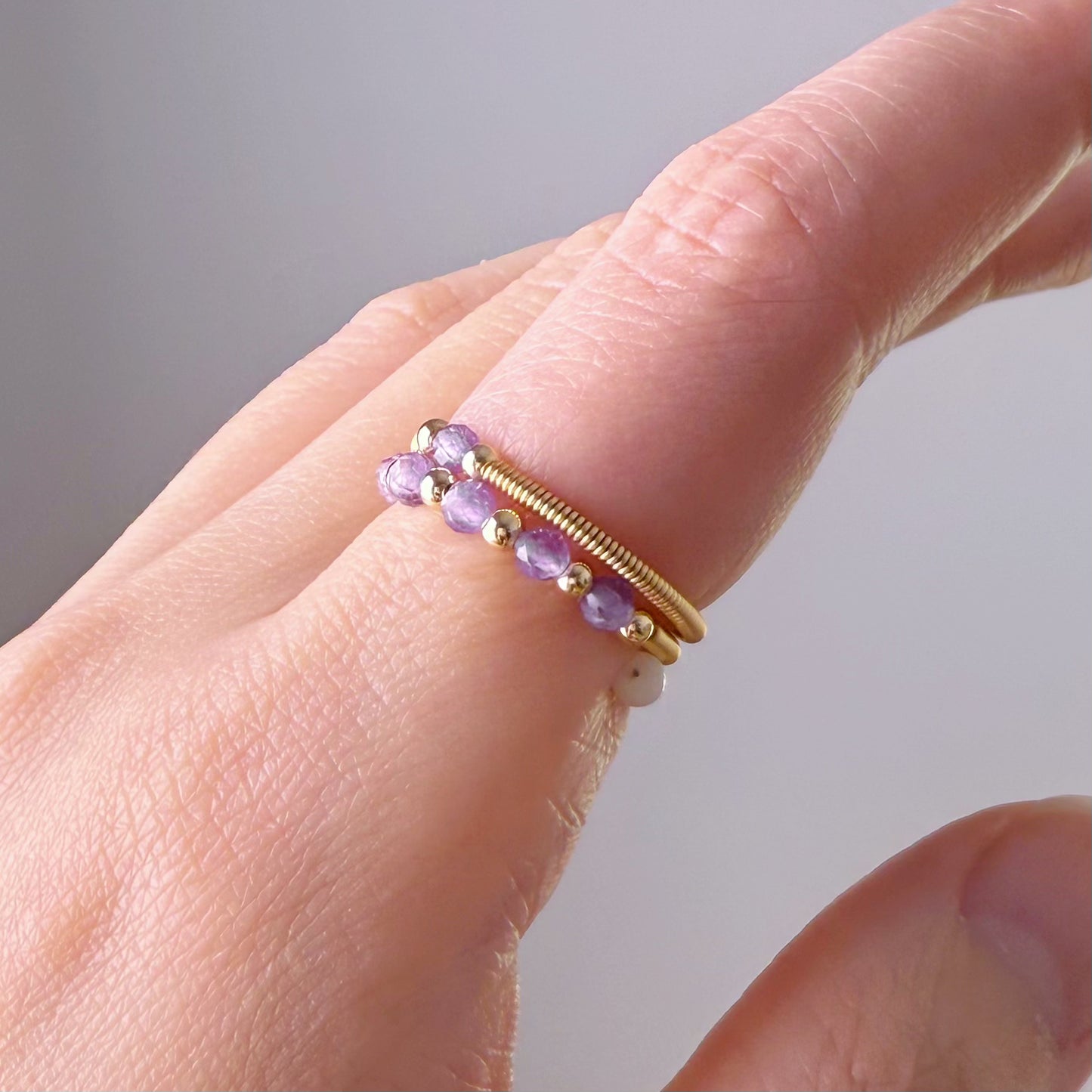 Handmade Amethyst February Birthstone Mini Beaded Adjustable Ring