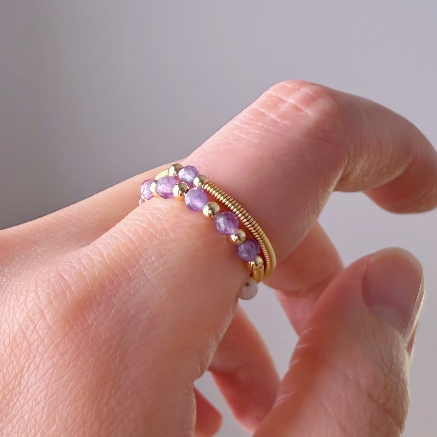 Handmade Amethyst February Birthstone Mini Beaded Adjustable Ring