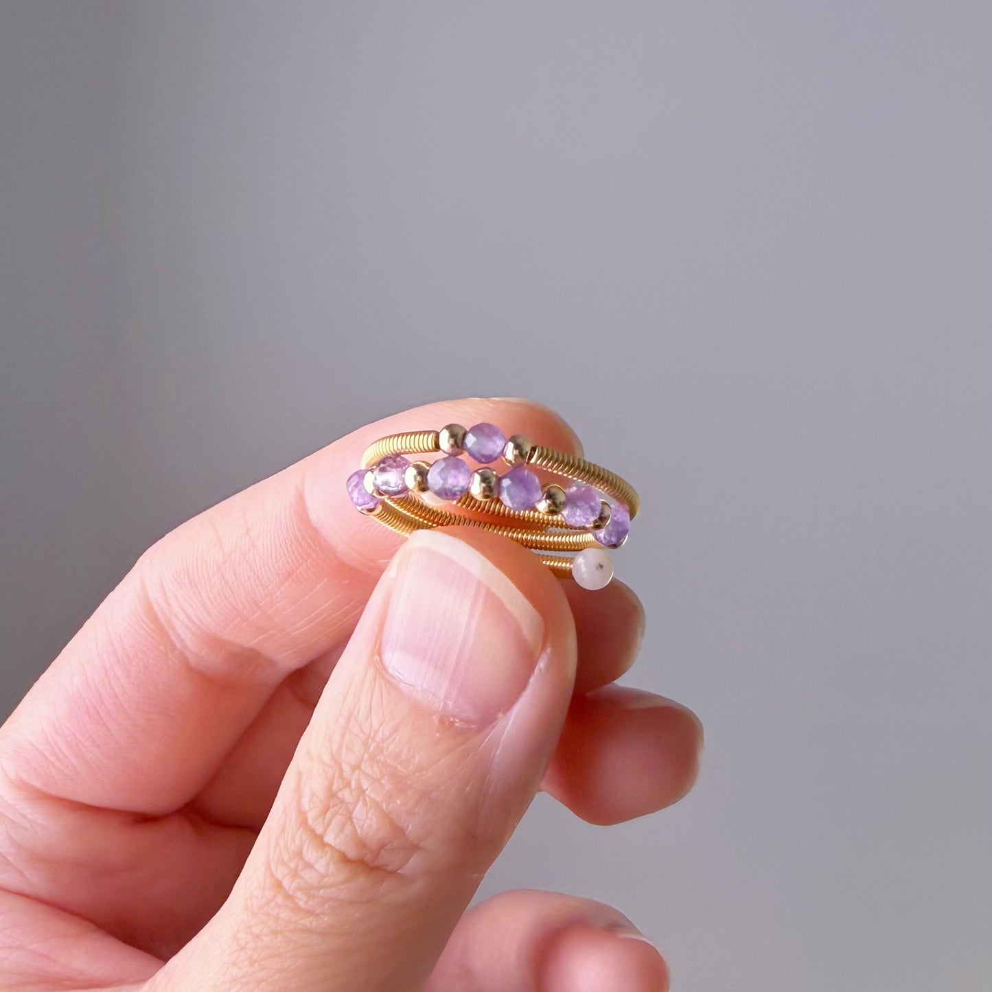 Handmade Amethyst February Birthstone Mini Beaded Adjustable Ring