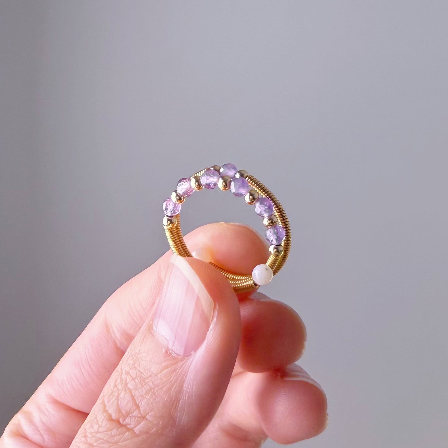 Handmade Amethyst February Birthstone Mini Beaded Adjustable Ring