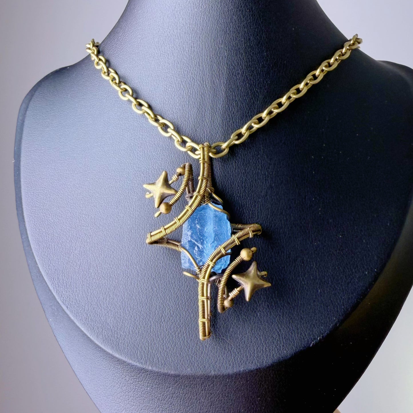 Quartzberry - Bronze Blue Aquamarine Polaris Wire Wrap Necklace - one of a kind