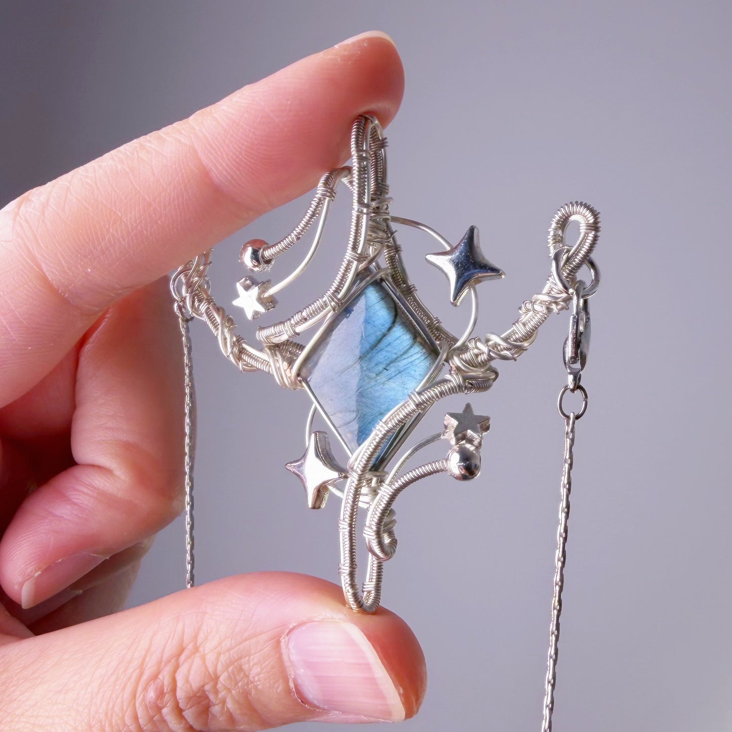 Quartzberry - Silver Blue Labradorite Crystal Large Polaris Wire Wrap Necklace - one of a kind