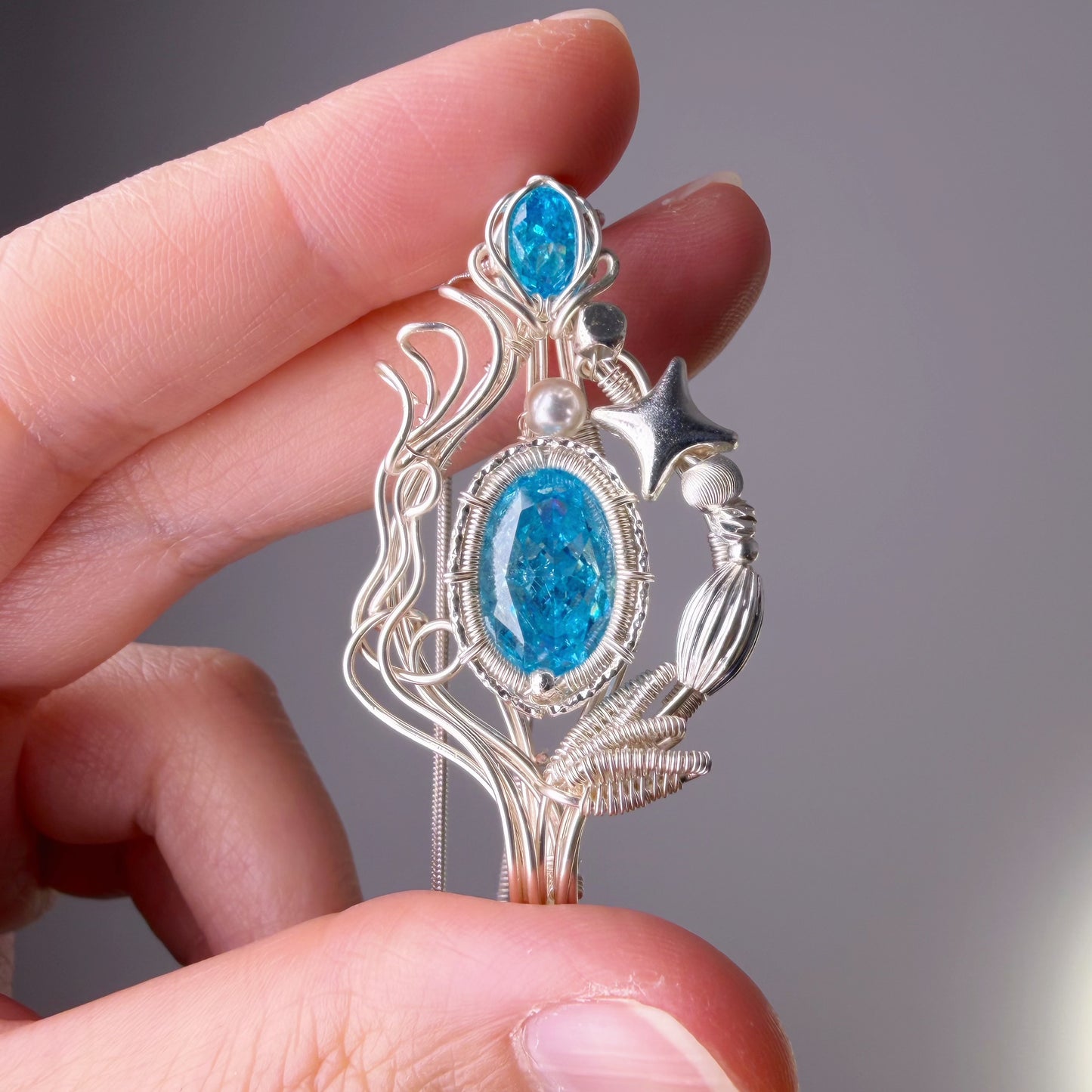 Quartzberry - Blue Crystal Wire Wrapped Pendant Necklace - One-of-a-kind
