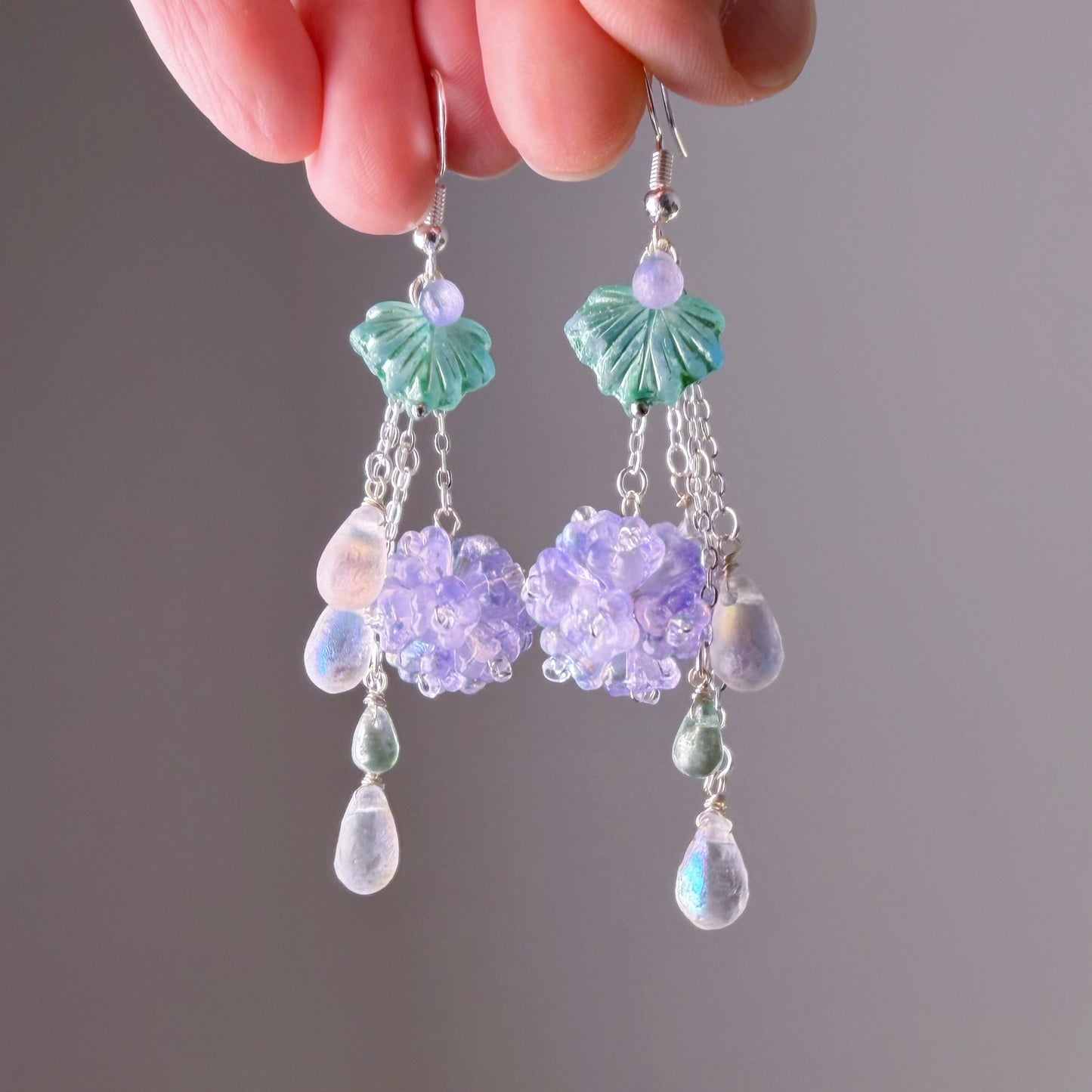 Handmade Purple Hydrangeas Flowers in Rain Silver Earrings