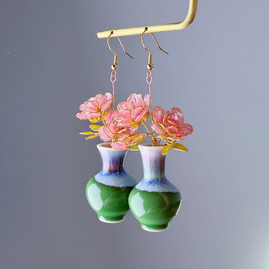Handmade Pink Striped Roses in Ceramic Vase Earrings