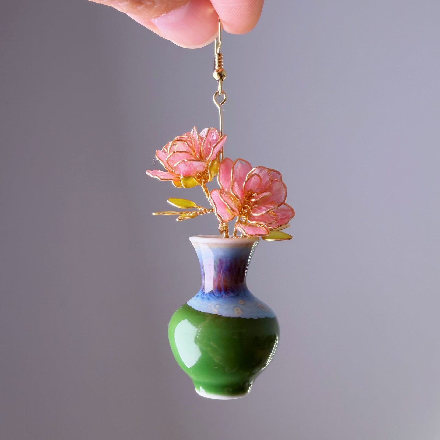 Handmade Pink Striped Roses in Ceramic Vase Earrings