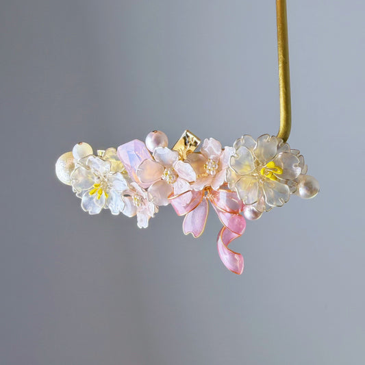 Handmade Pink Cherry Blossom Flowers Bouquet and Bow Hair Clip