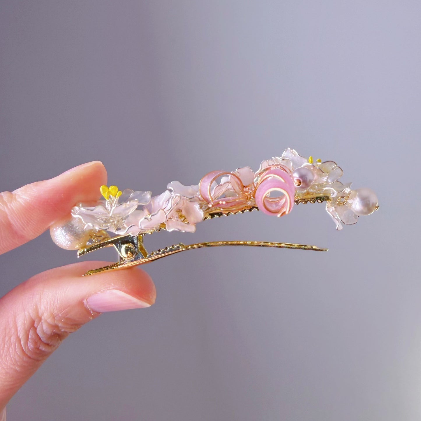 Handmade Pink Cherry Blossom Flowers Bouquet and Bow Hair Clip