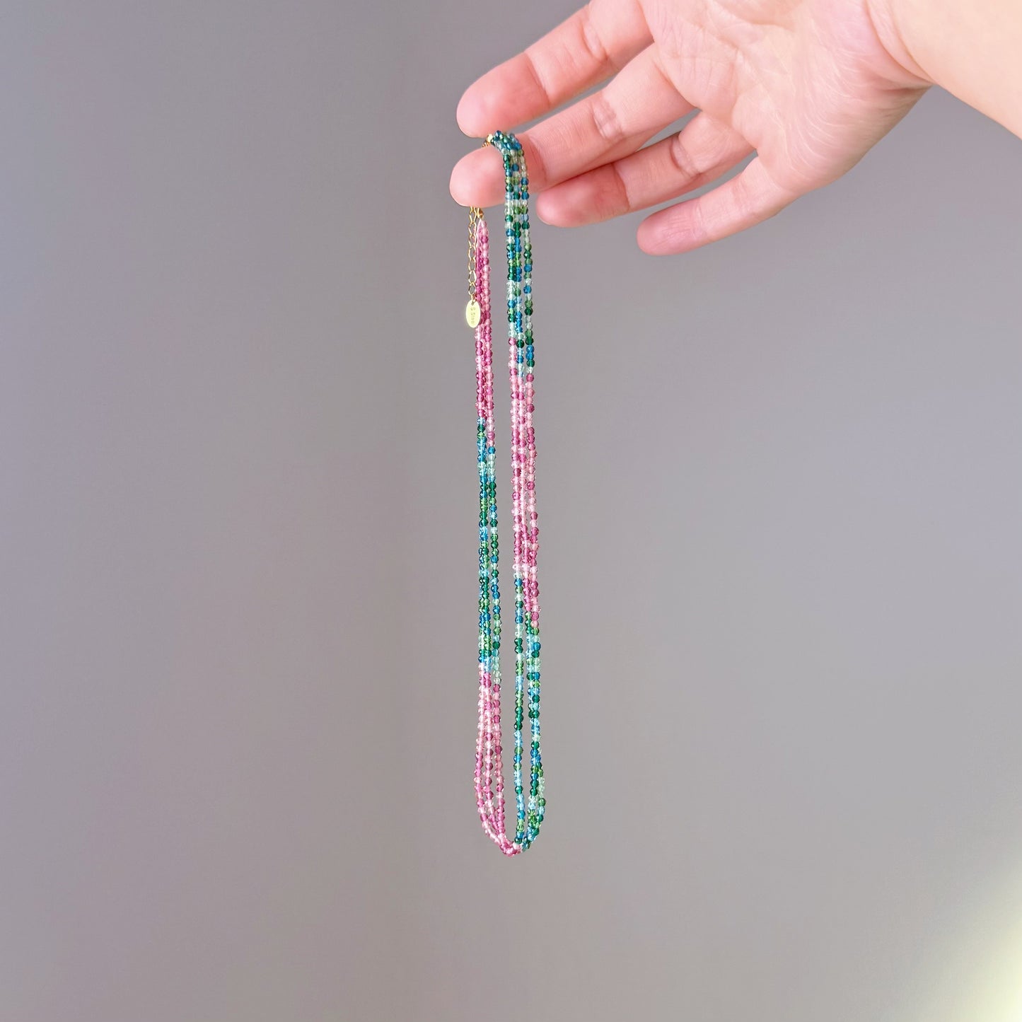 Handmade Pink and Green Mini Beads Multi Strap Necklace