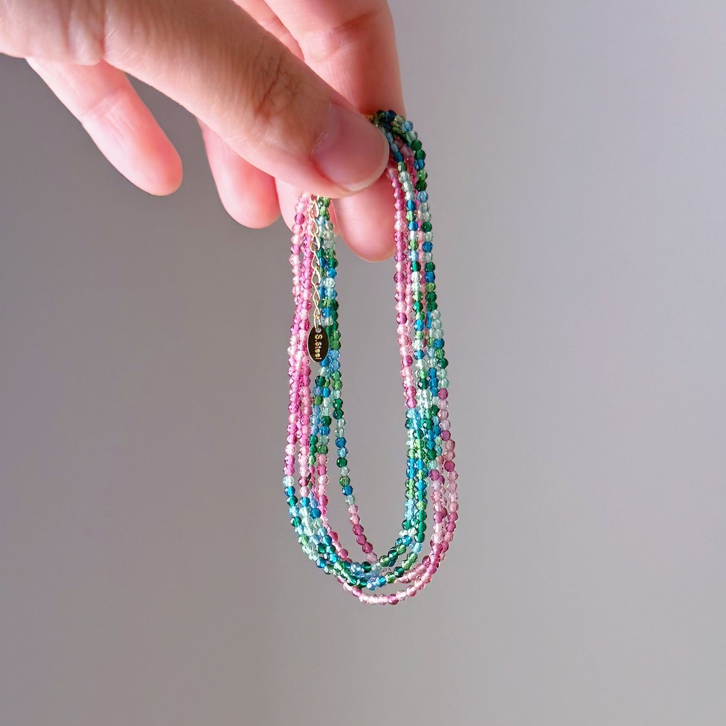 Handmade Pink and Green Mini Beads Multi Strap Necklace