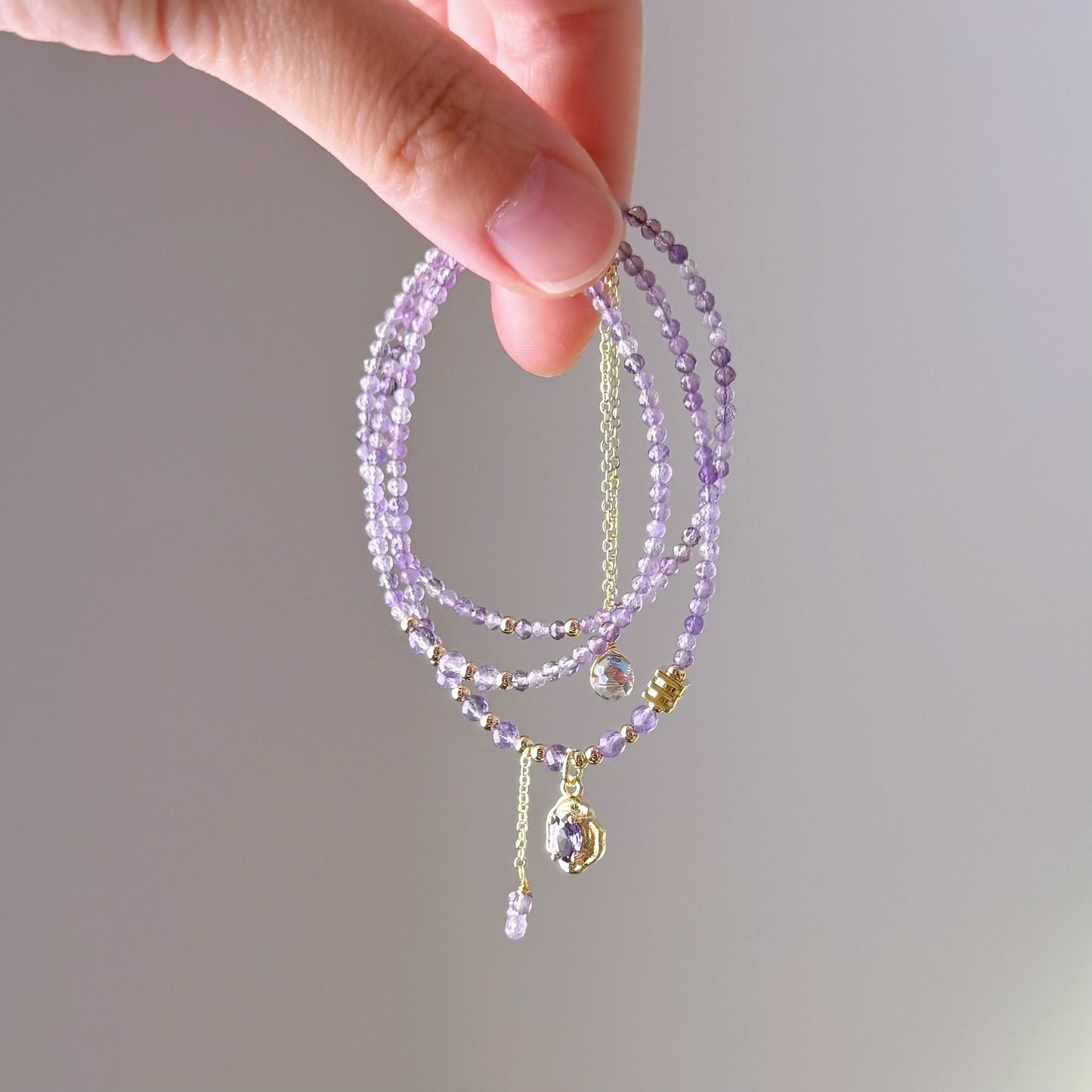 Handmade Purple Amethyst Crystal Mini Pendant Necklace Multi Strap Bracelet