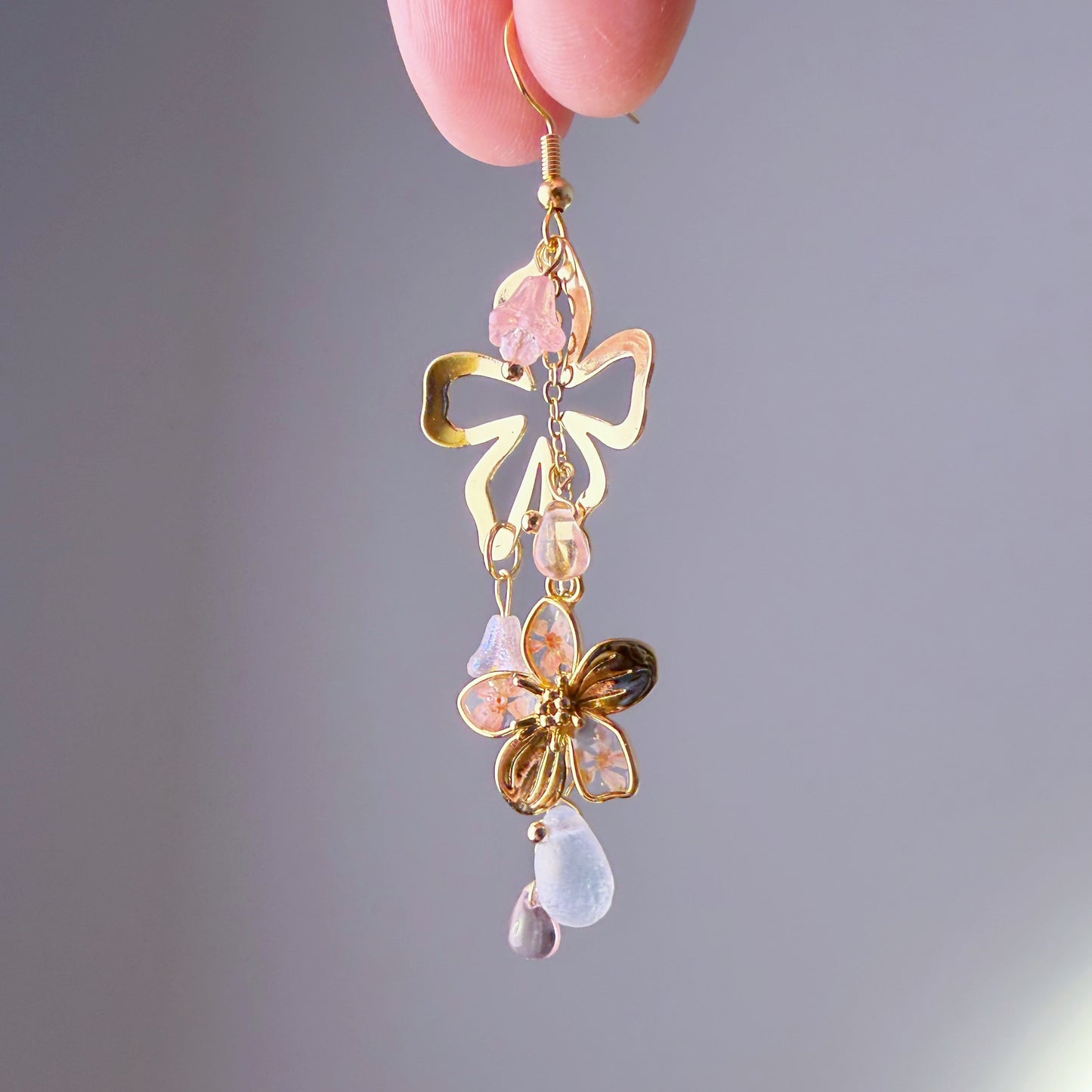 Handmade Pink Pressed Flowers Cherry Blossom Sakura Dangle Earrings