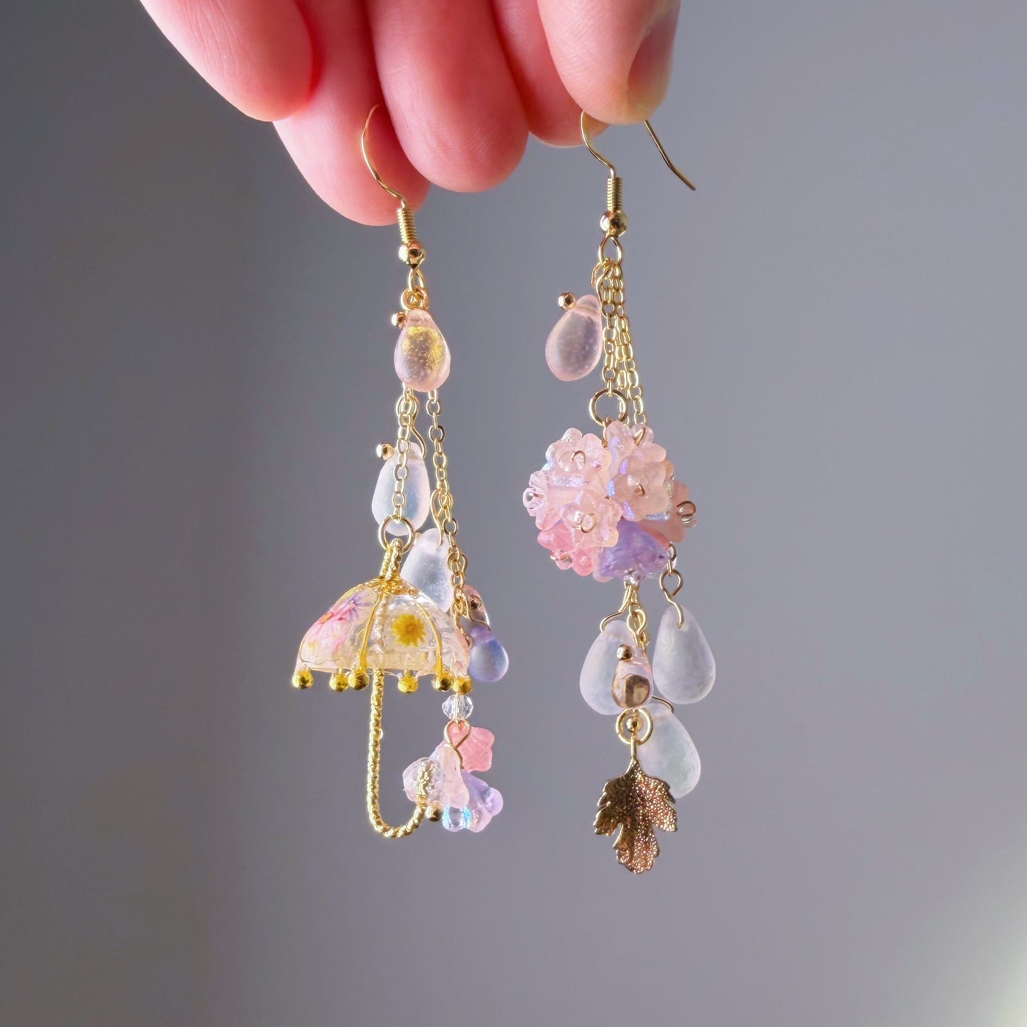 Handmade Umbrella and Pink Hydrangeas Flowers Dangle Earrings