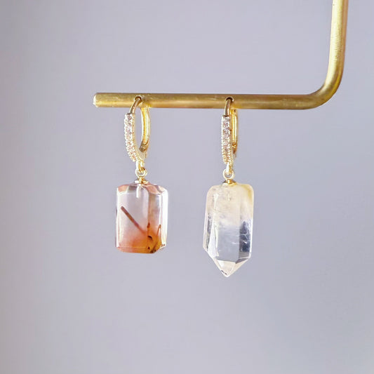Handmade Natural Rutile Quartz Crystal Hinged Earrings