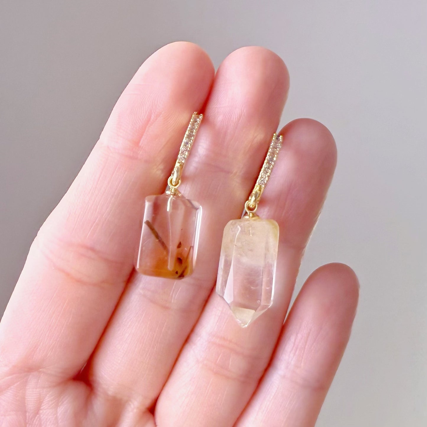 Handmade Natural Rutile Quartz Crystal Hinged Earrings