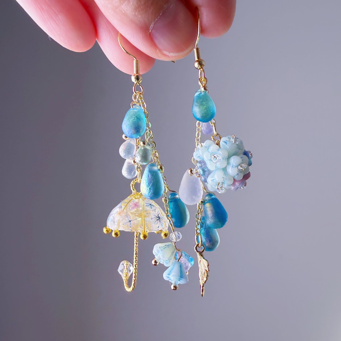 Handmade Umbrella and Blue Hydrangeas Flowers Dangle Earrings