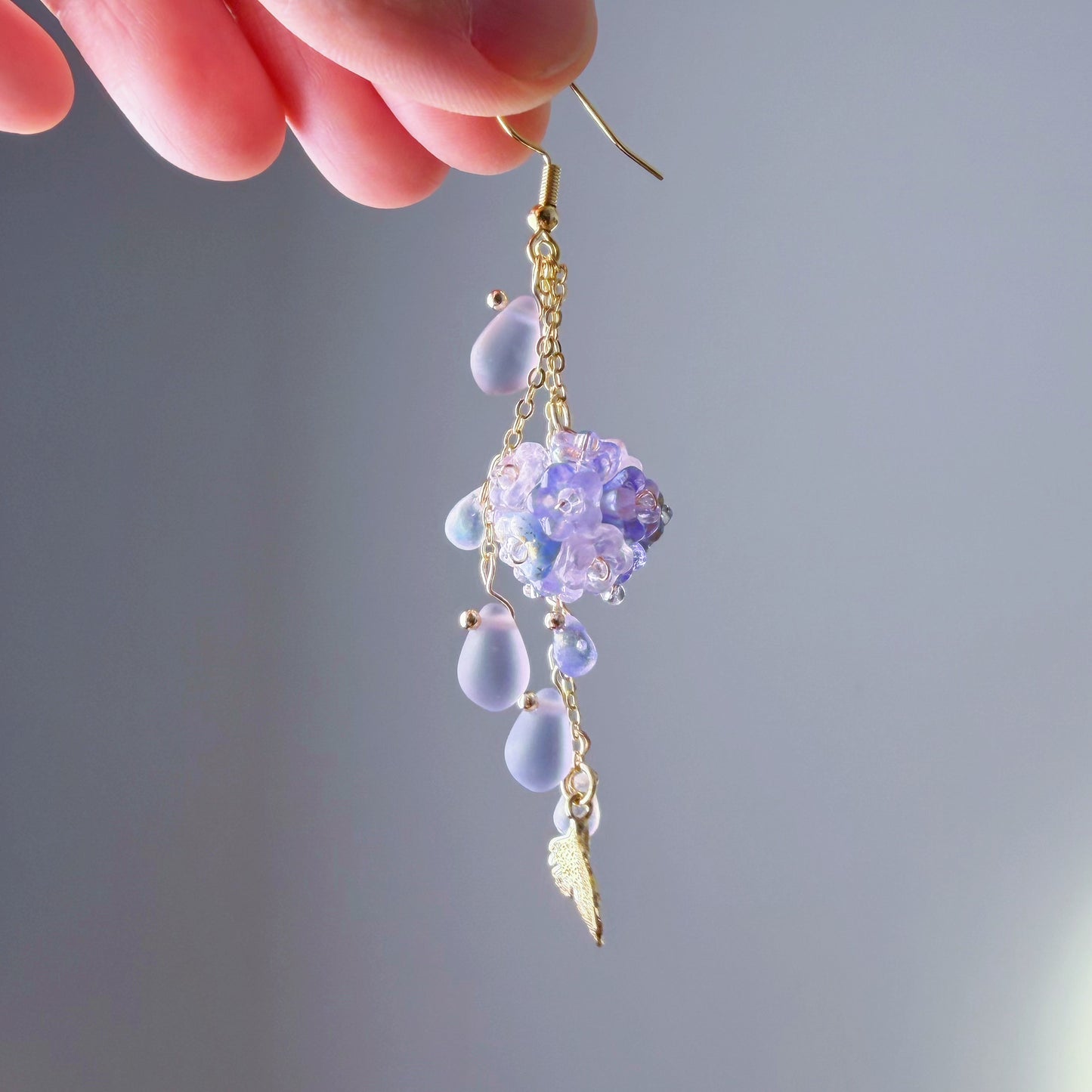 Handmade Umbrella and Purple Hydrangeas Flowers Dangle Earrings