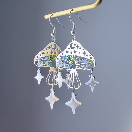 Handmade Magic Silver Mushrooms with Stars and Mini Crystal Beads Earrings