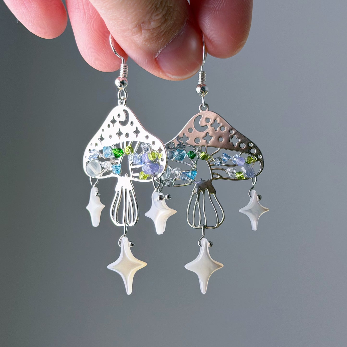 Handmade Magic Silver Mushrooms with Stars and Mini Crystal Beads Earrings