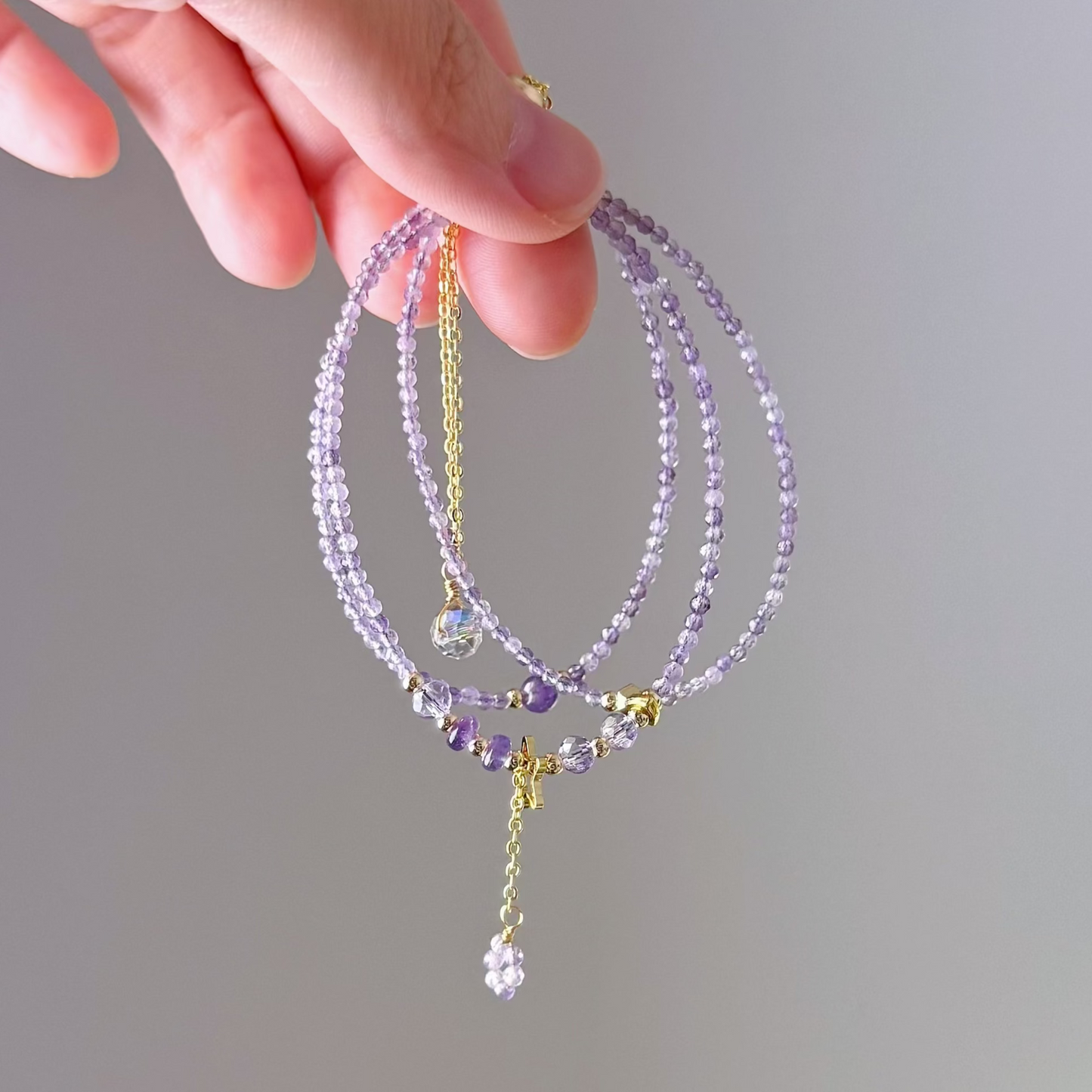 Handmade Lavender Purple Amethyst Crystal Necklace Multi Strap Bracelet
