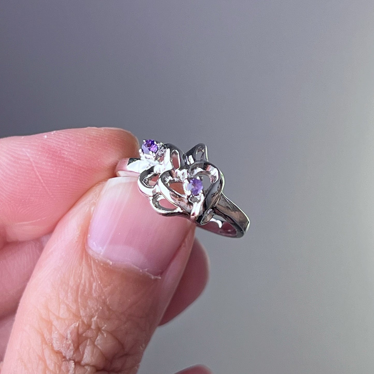 Natural Crystal Amethyst Hearts Silver Ring-Ninaouity