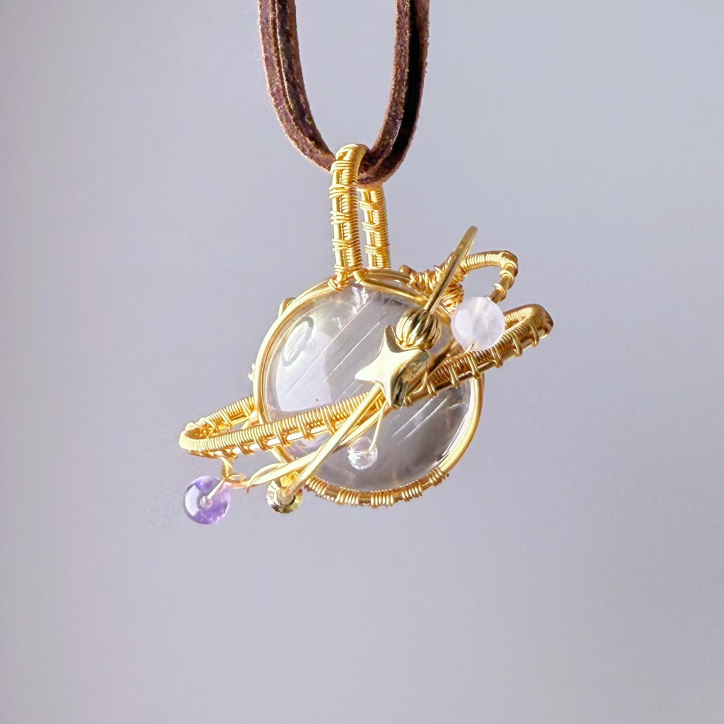 Giant Planet - Natural Rutile Quartz with Amethyst and Moonstone Crystal Planet Wire Wrapped Necklace