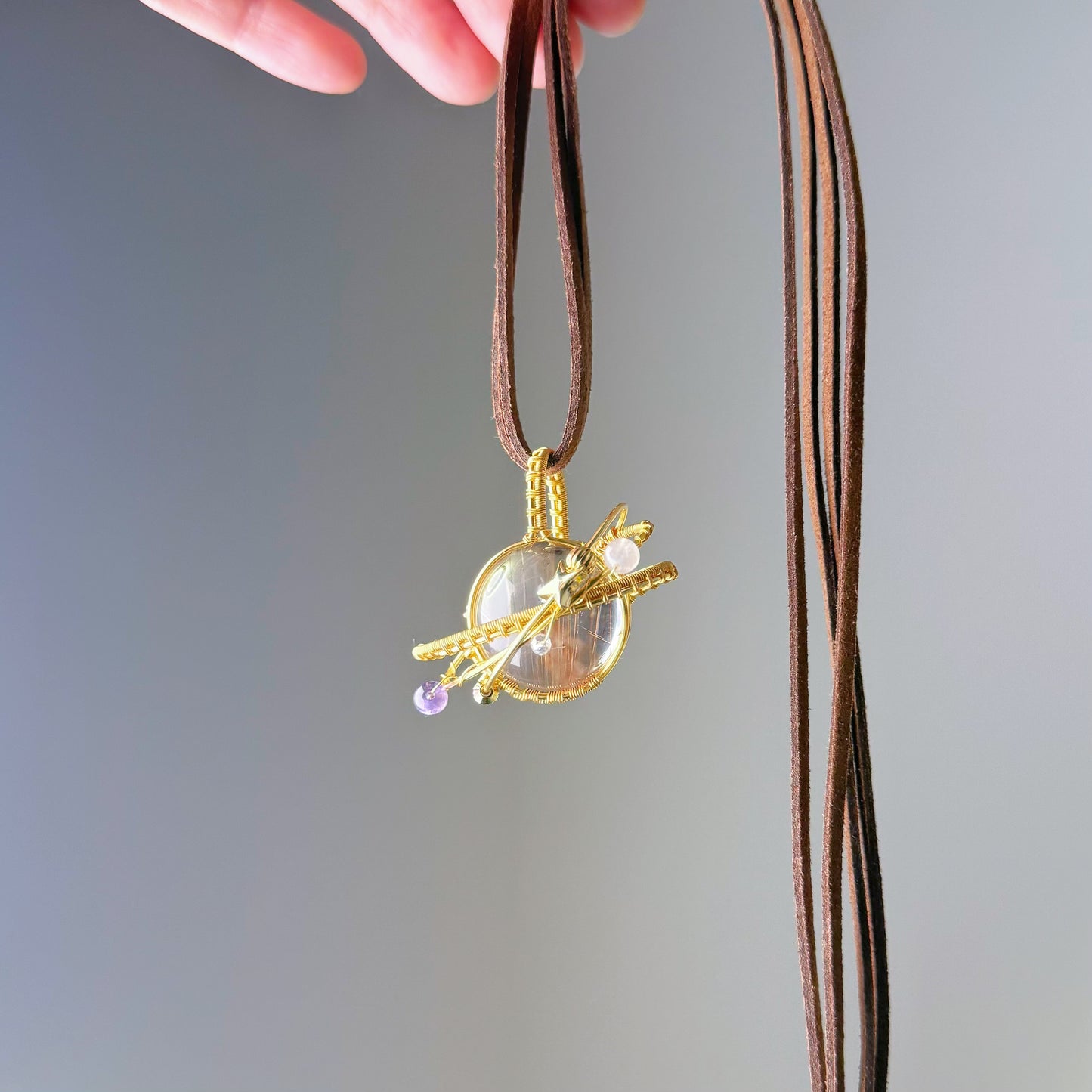 Giant Planet - Natural Rutile Quartz with Amethyst and Moonstone Crystal Planet Wire Wrapped Necklace