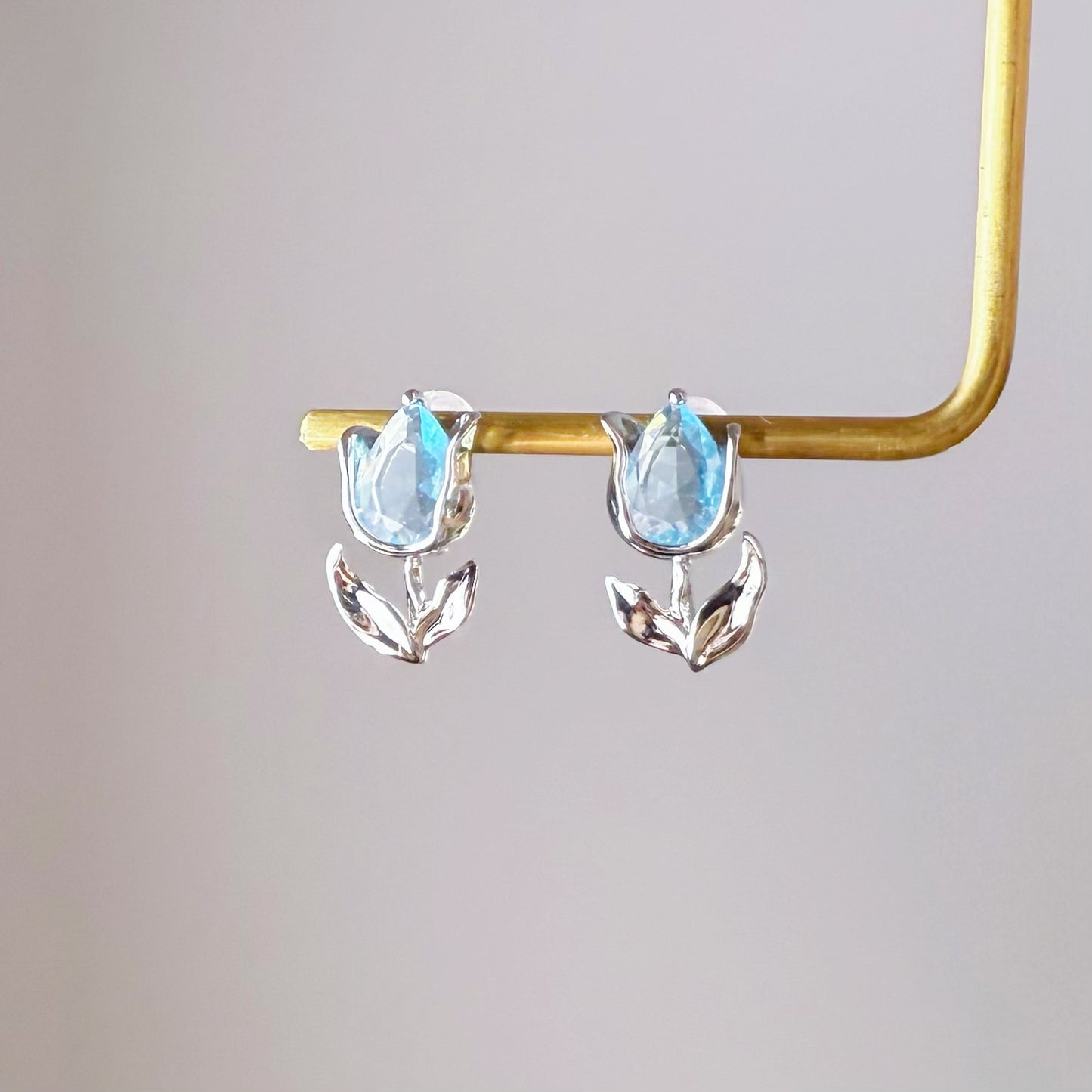Blue Tulips Flowers with Leaves Stud Earrings