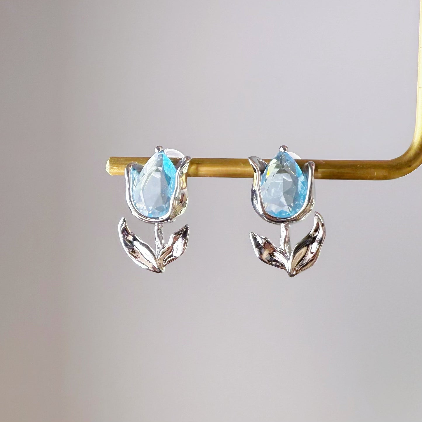 Blue Tulips Flowers with Leaves Stud Earrings