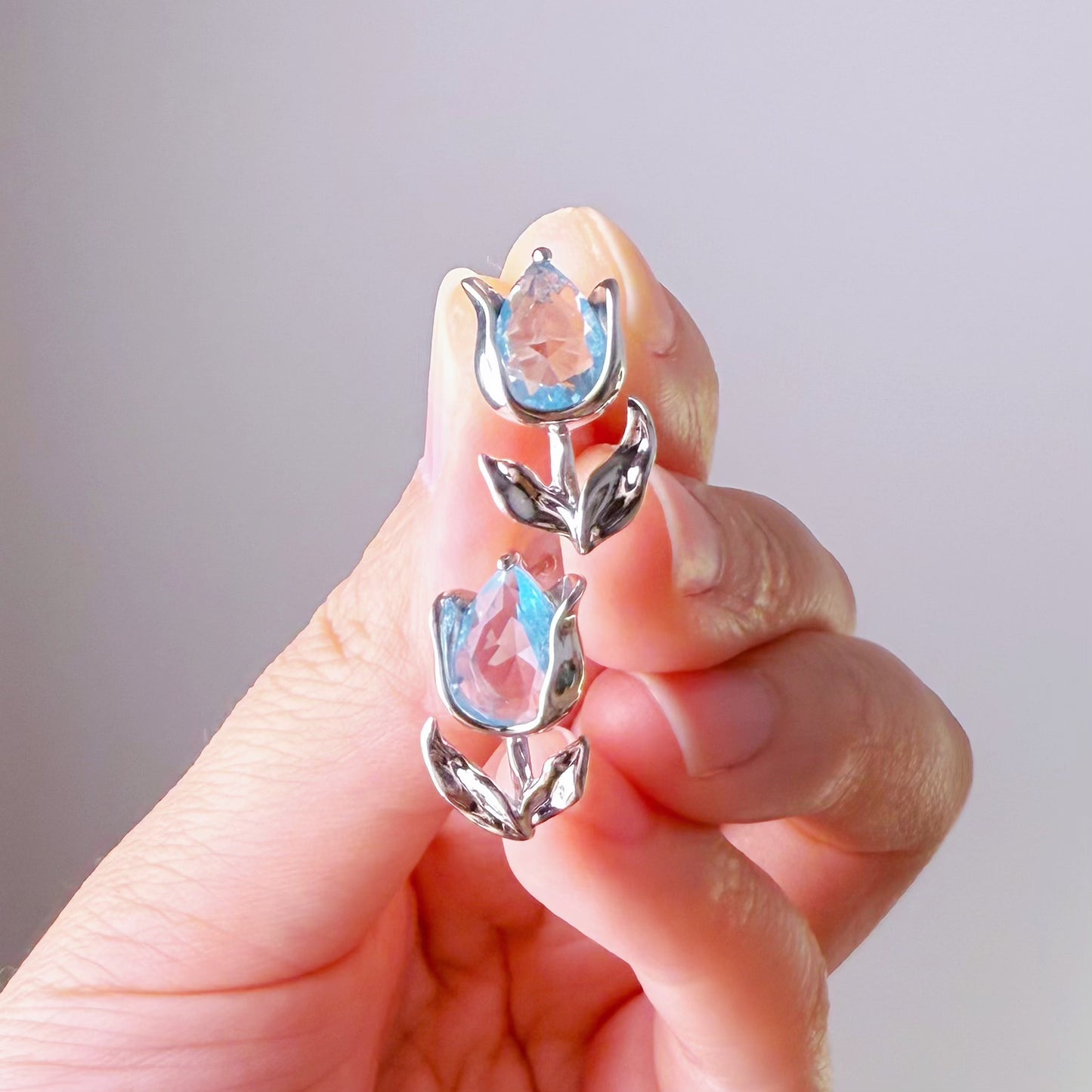 Blue Tulips Flowers with Leaves Stud Earrings