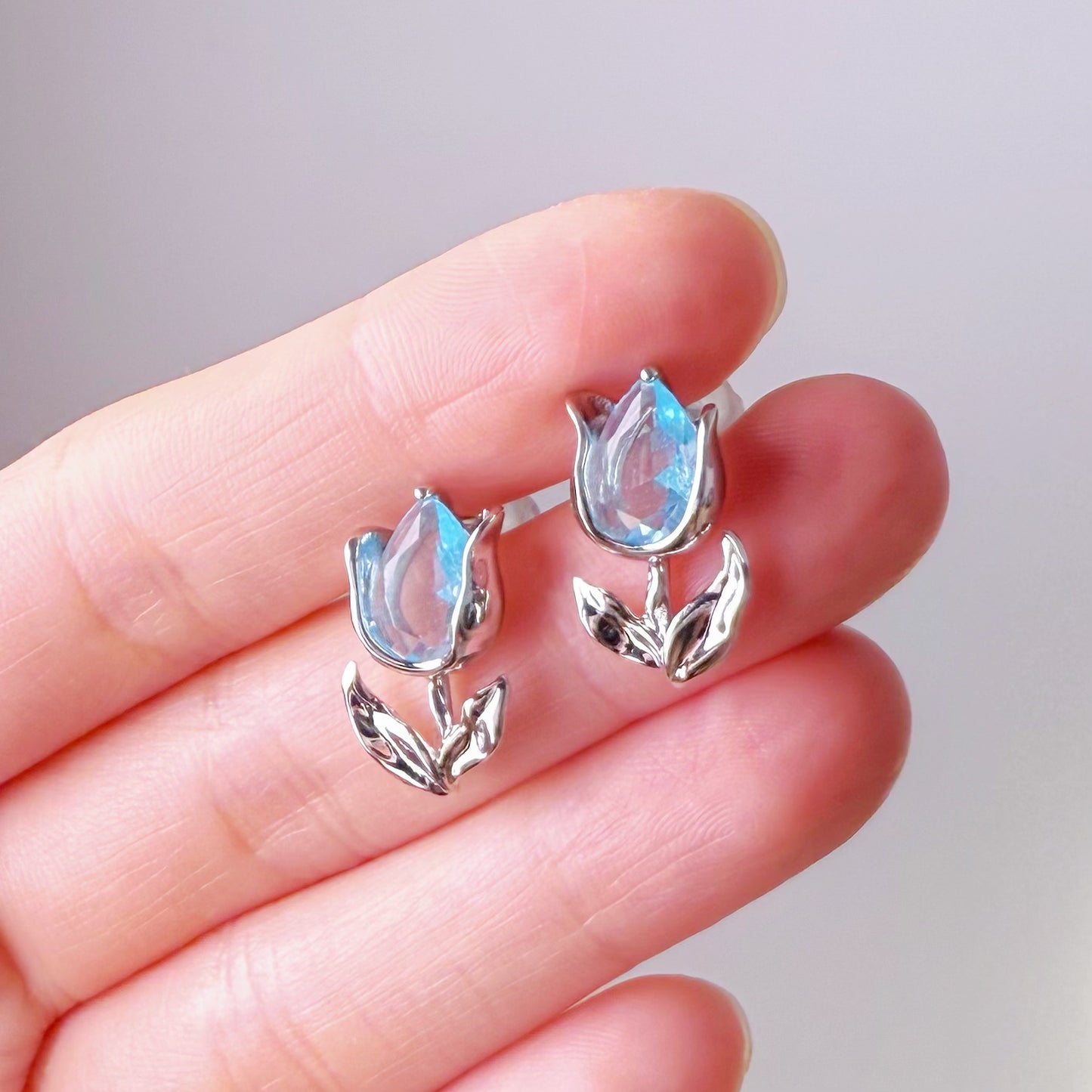 Blue Tulips Flowers with Leaves Stud Earrings