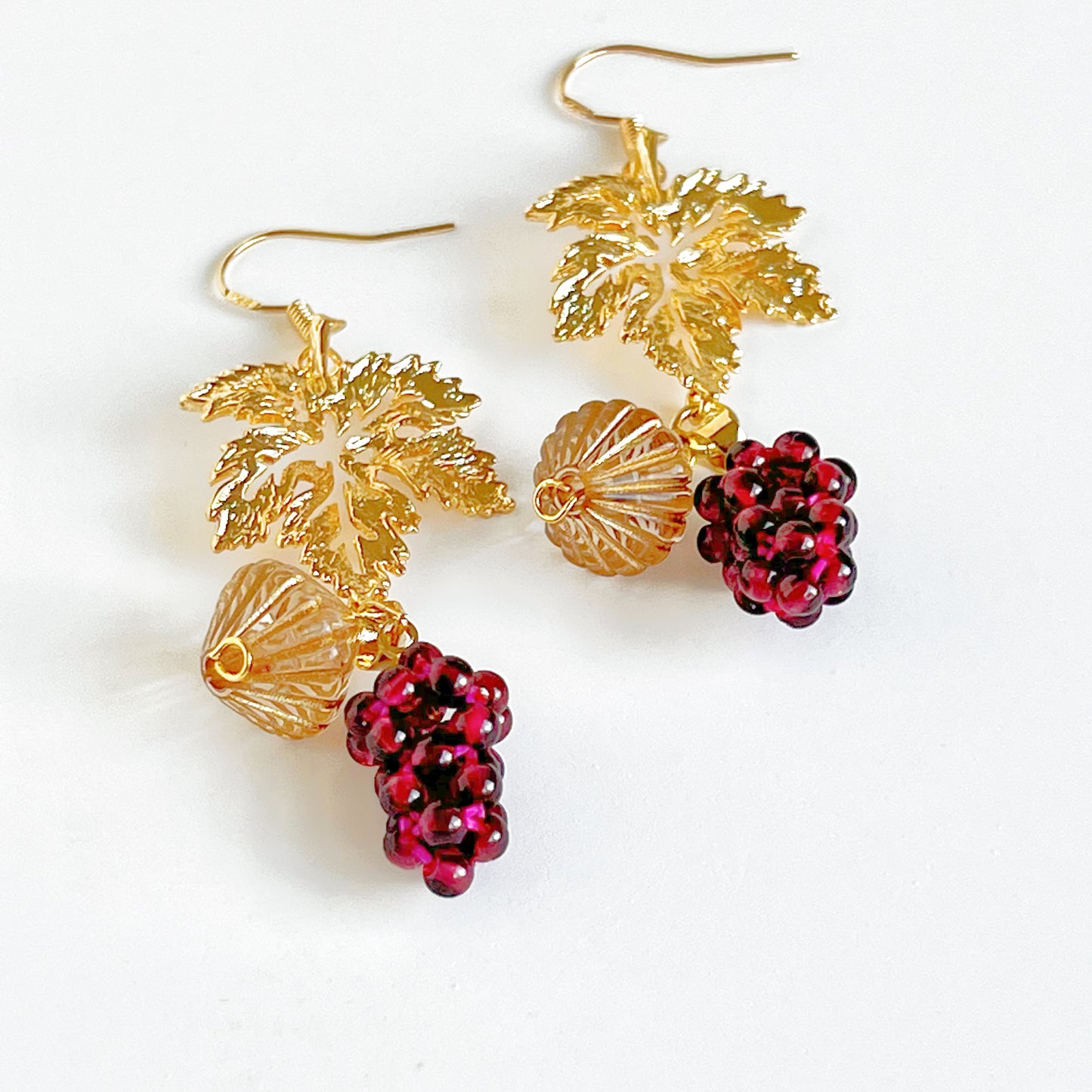 Garnet Grapes with Gold Leaf Earrings-Ninaouity