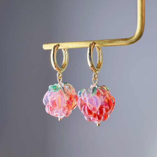Handmade Lampwork Red and White Glass Raspberries Hoop Earrings