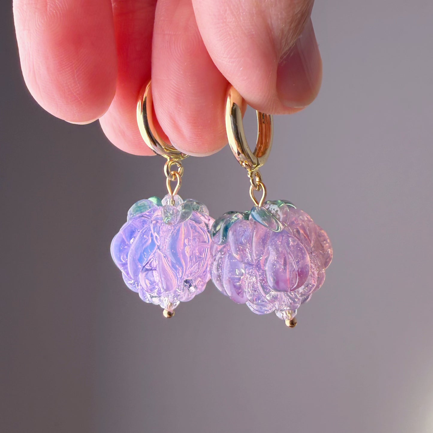 Handmade Lampwork Glass Purple Raspberries Hoop Earrings