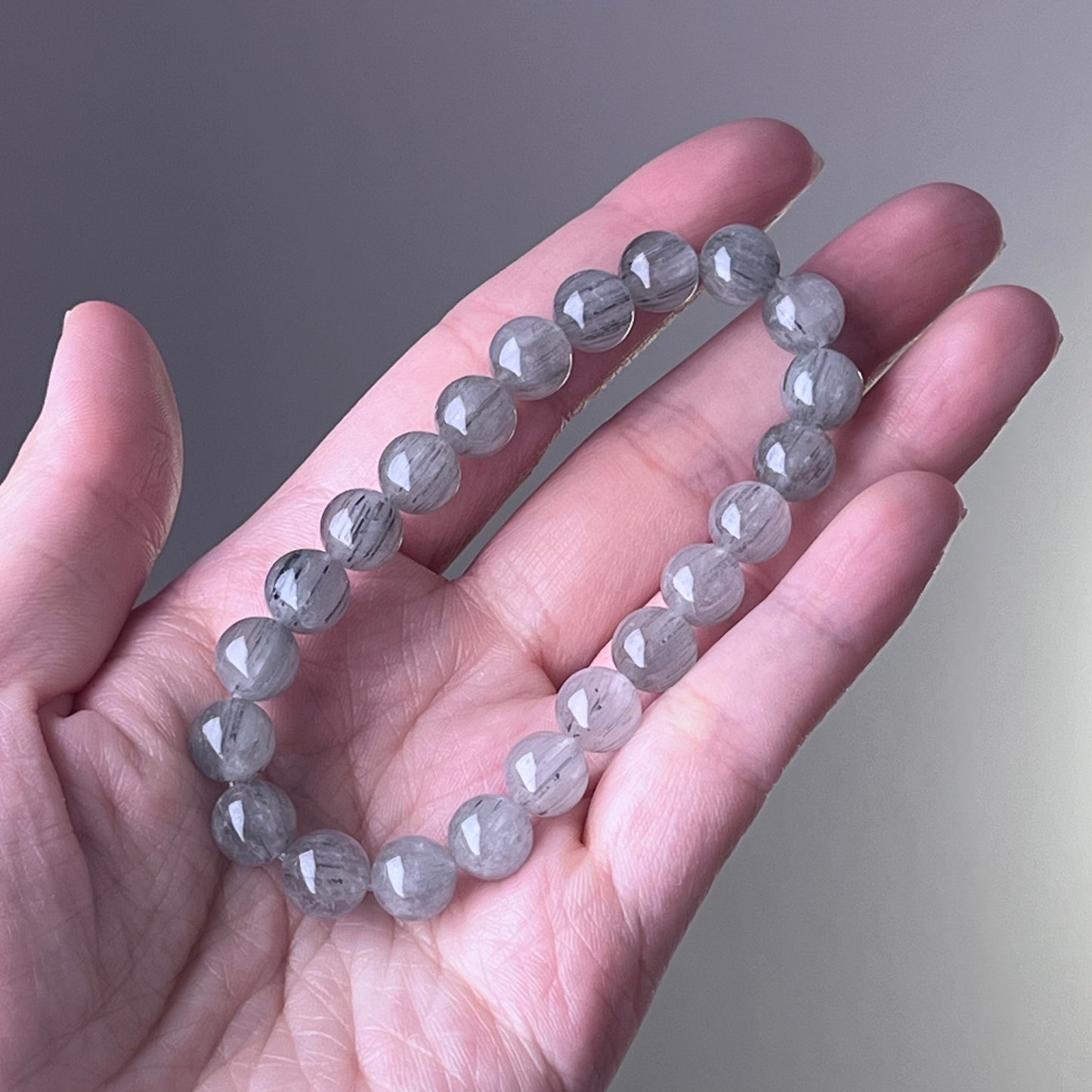 All Chakra Grey Rutilated Quartz Crystal Bead Bracelet-Ninaouity