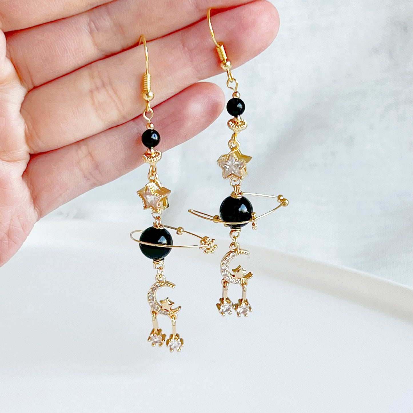 Black Tourmaline Planet and Star Earrings-Ninaouity