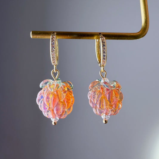 Handmade Lampwork Glass Golden Peach Colour Raspberries Hoop Earrings