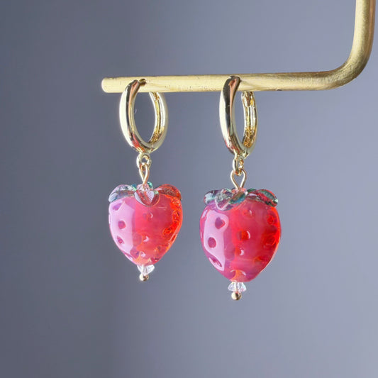Handmade Lampwork Glass Red Strawberries Hoop Earrings