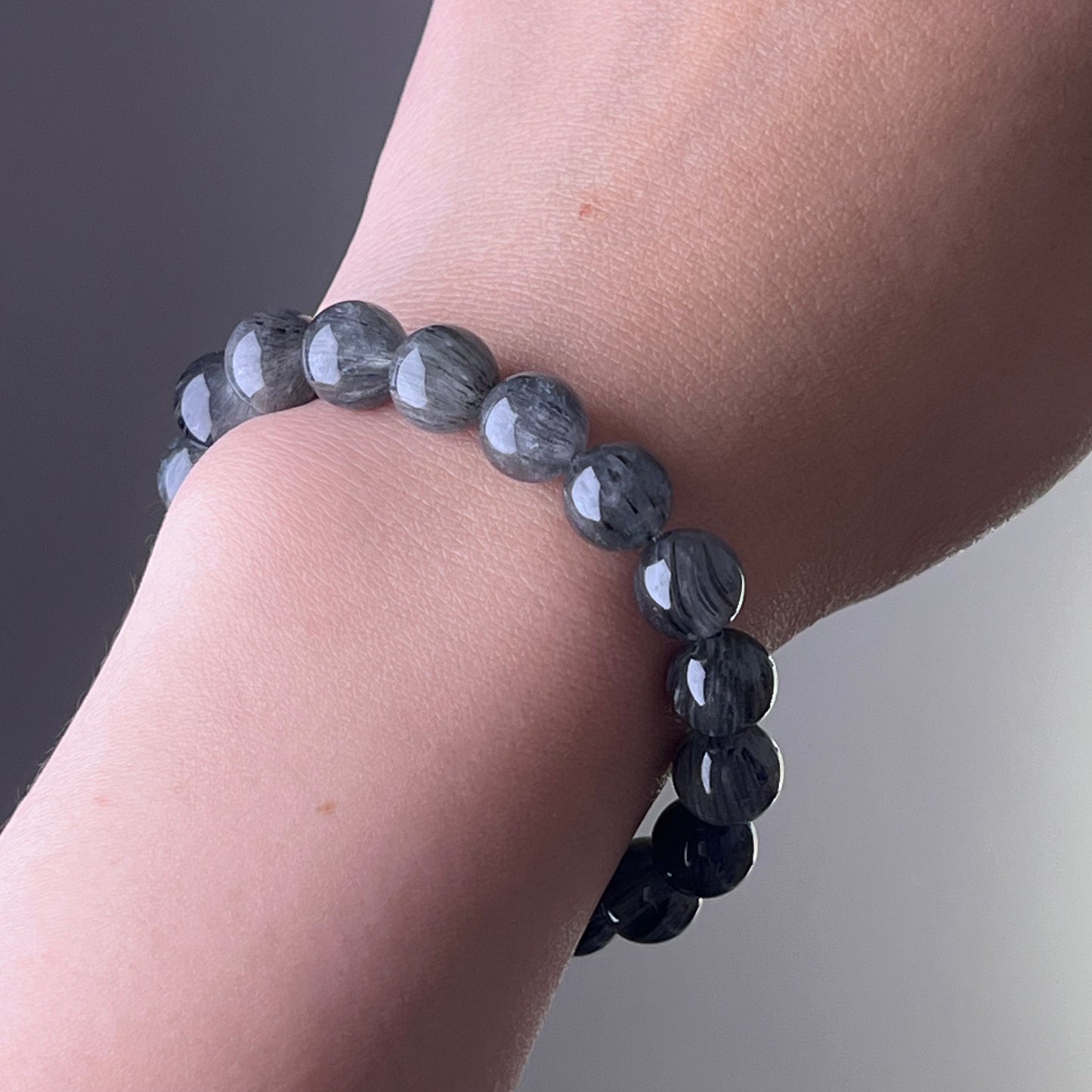All Chakra Dark Grey Rutilated Quartz Crystal Bead Bracelet-Ninaouity