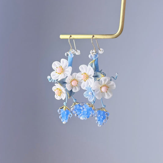 Blue Berries and Fabric Flowers Earrings