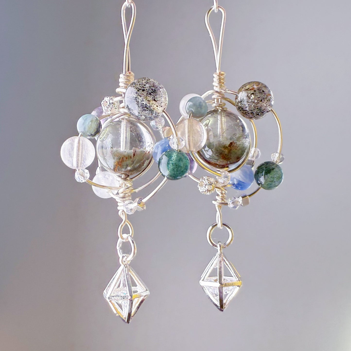 Solar System - Natural Green Phantom Quartz and Crystals Wire Wrapped Planet Earrings